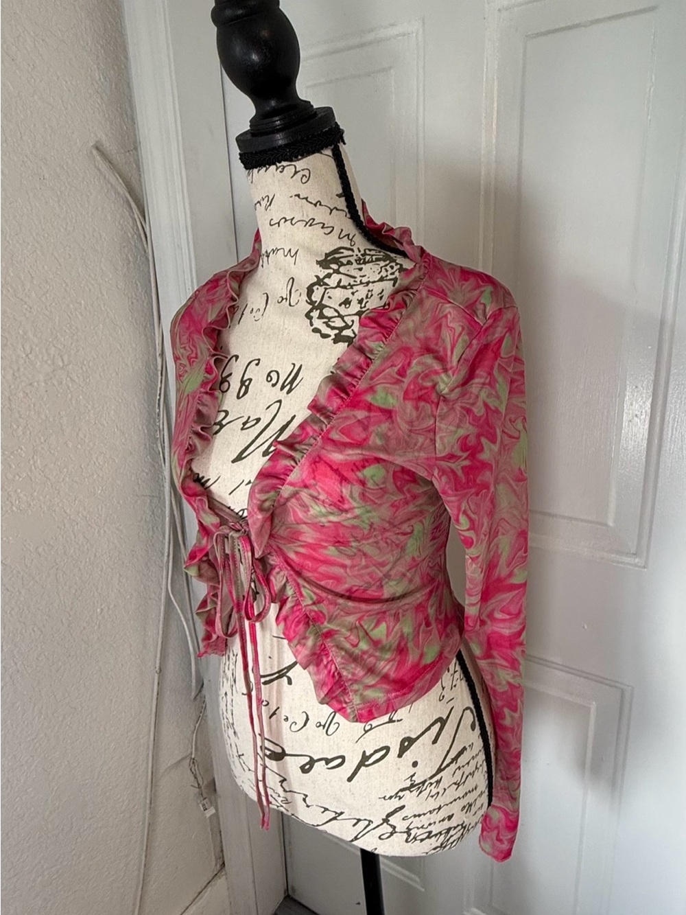 New Pink Y2K Style Pink & Green Abstract Marble Mesh Tie-Front Cardigan Top M - Picture 4 of 9